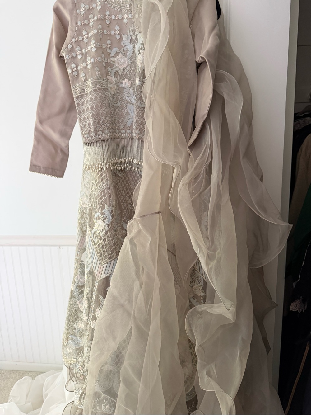 Threads and Motifs Embroidered Formal Girls' Lehenga in Light Taupe